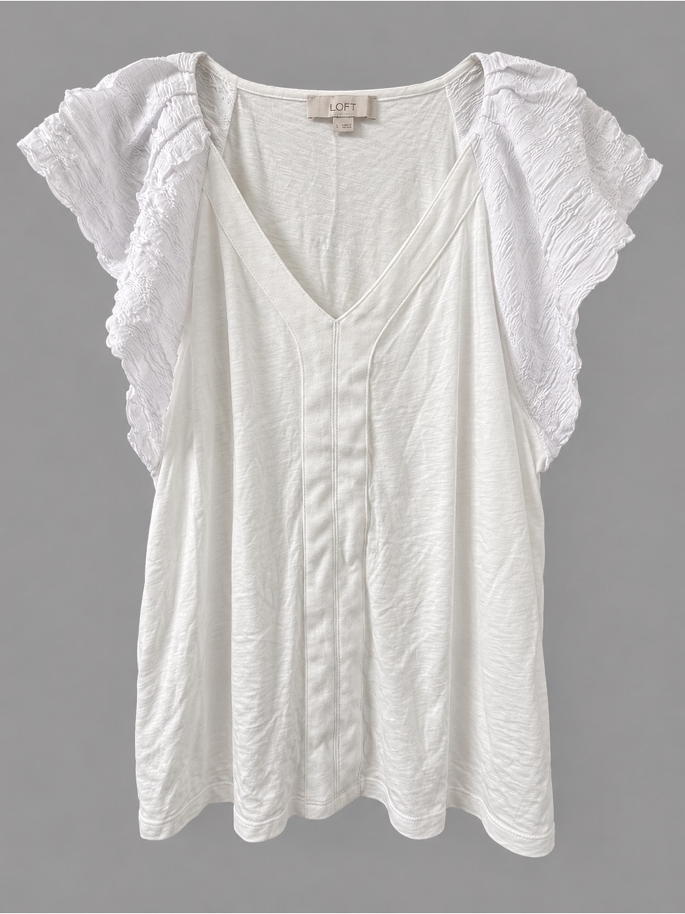 LOFT White Textured Flutter Sleeve V-Neck Top Size Large